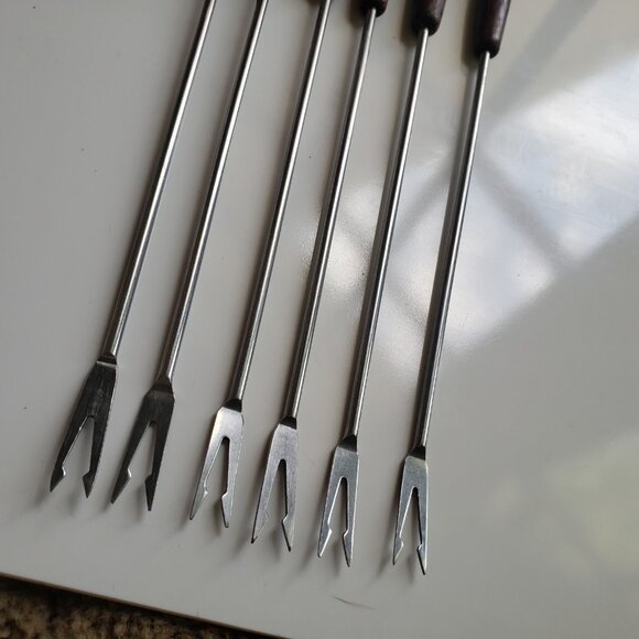 Set of 6 Vintage Fondue Forks MCM Japan Wooden Handles Stainless Steel - Picture 7 of 8